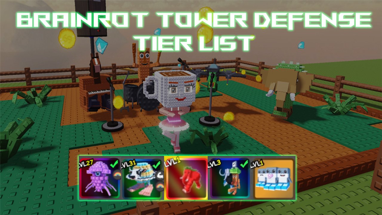 In-game Brainrot Tower Defense scene with Ballerina Cappucina, lane decorations, and the unit HUD